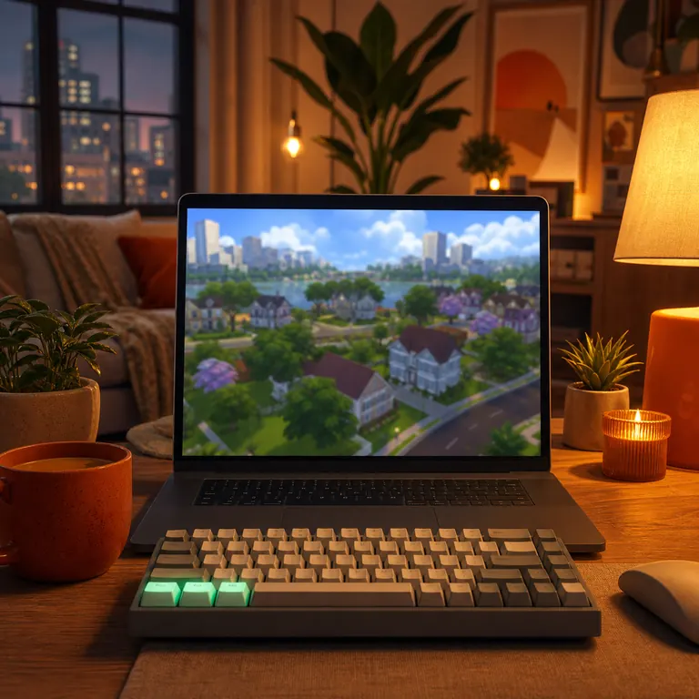 Editorial illustration of a laptop and keyboard in a warm game setup, representing the Sims 4 cheat console guide