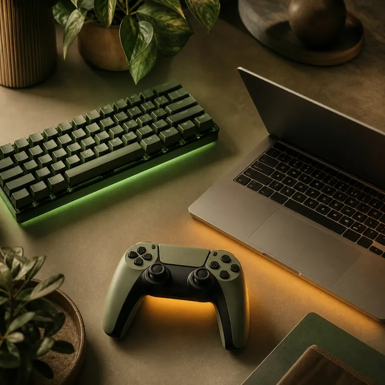 Editorial still life showing a PC keyboard, laptop keyboard, and game controller for comparing Sims 4 cheat input methods