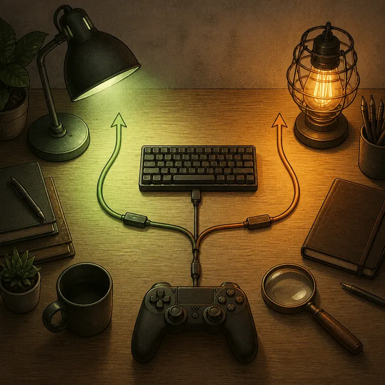 Editorial illustration of a keyboard and controller connected to green and amber troubleshooting paths