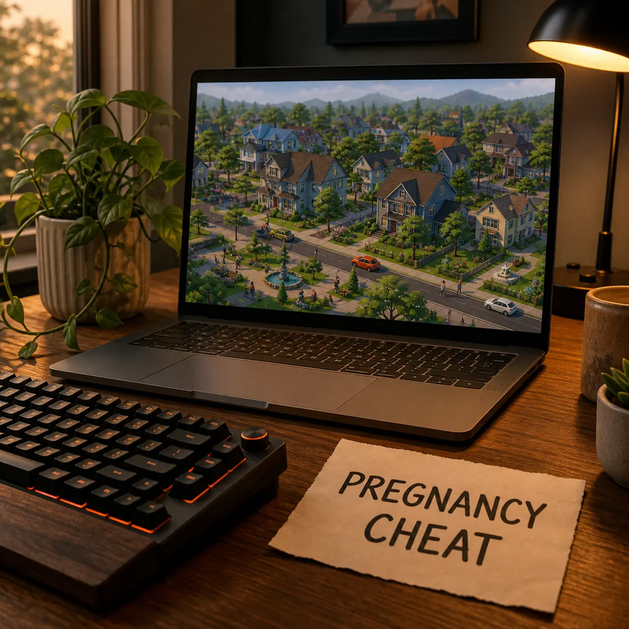 Sims 4 make sim pregnant cheat guide illustration with a colorful life simulation neighborhood and a pregnancy cheat note