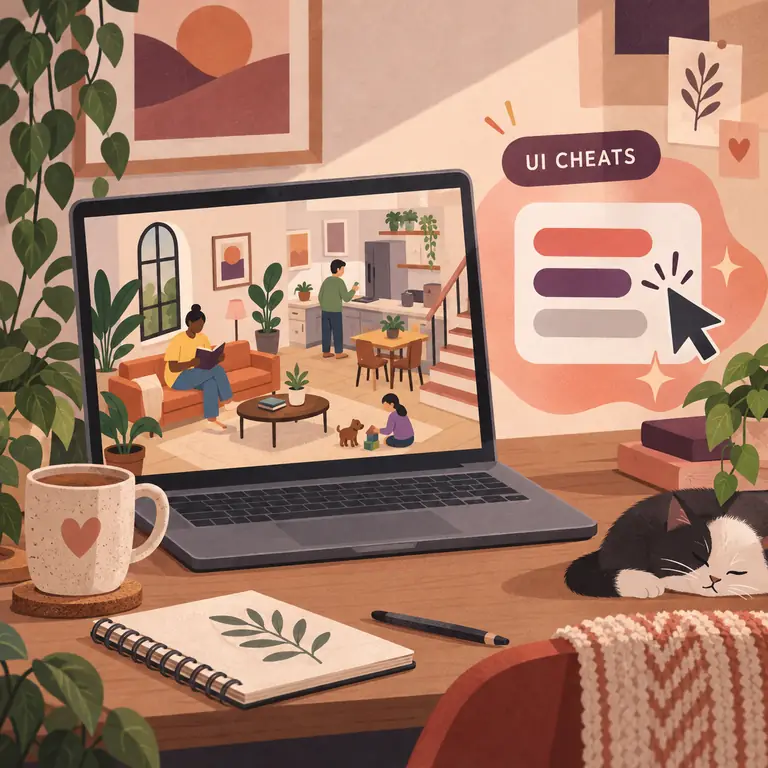 Editorial concept illustration of a laptop and cursor menu representing the Sims 4 UI Cheats Extension mod