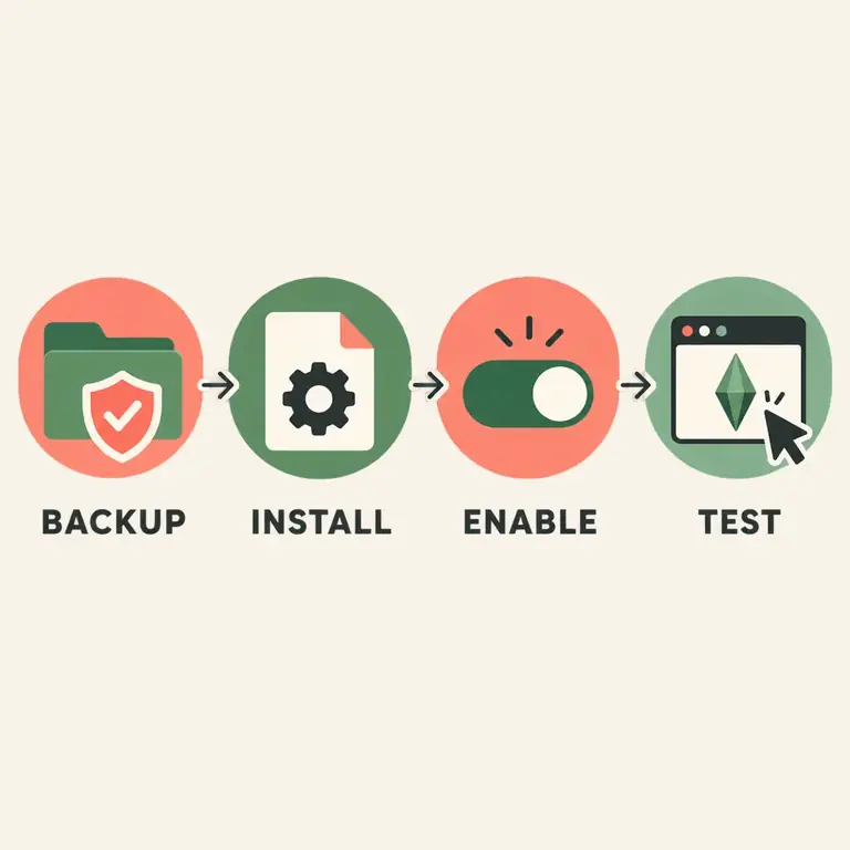 Editorial concept workflow showing backup, install, enable, and test stages for a Sims 4 script mod