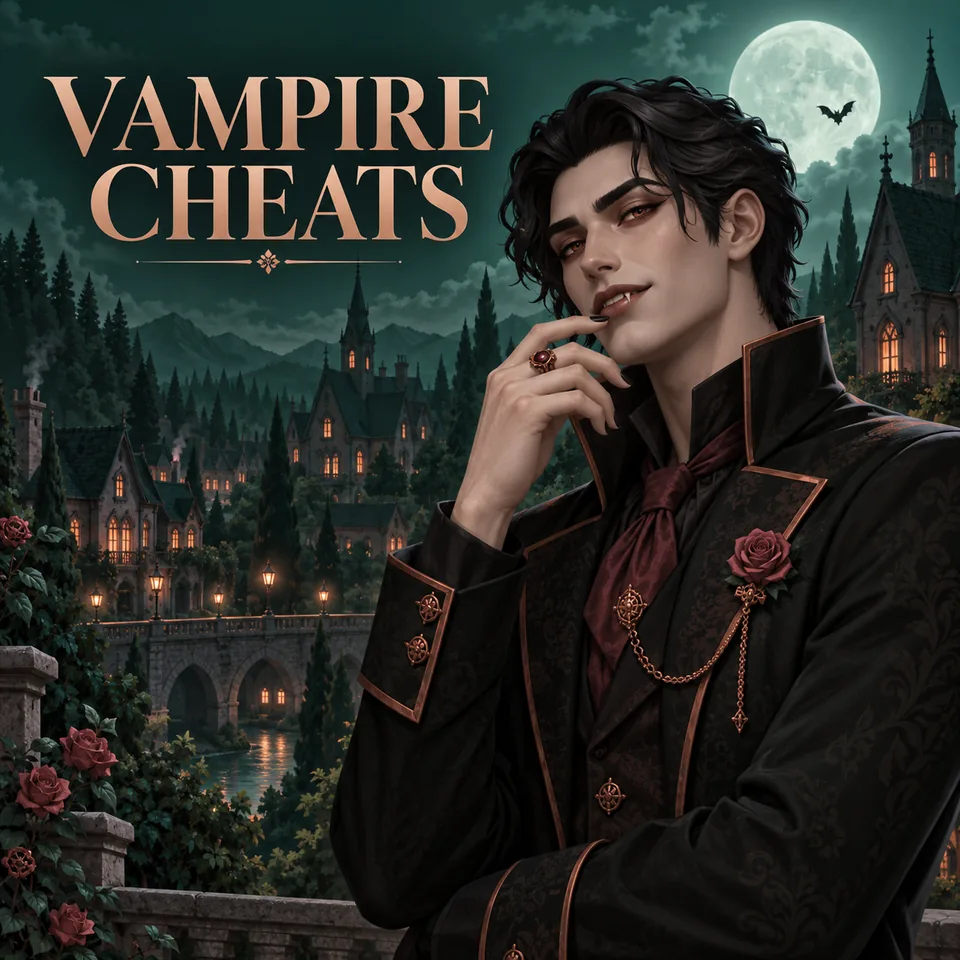 Editorial concept art of a fictional vampire Sim in a moonlit village for a Sims 4 vampire cheat guide.
