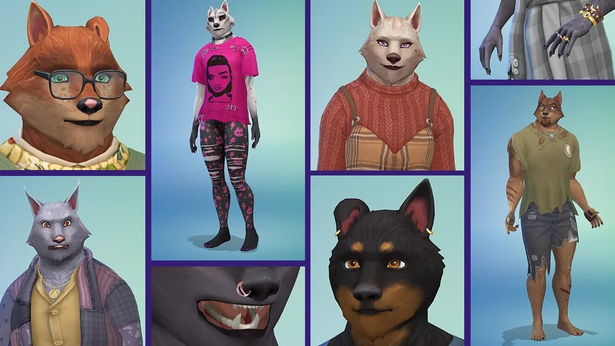 Official Electronic Arts promotional collage showing human and beast forms from The Sims 4 Werewolves Game Pack