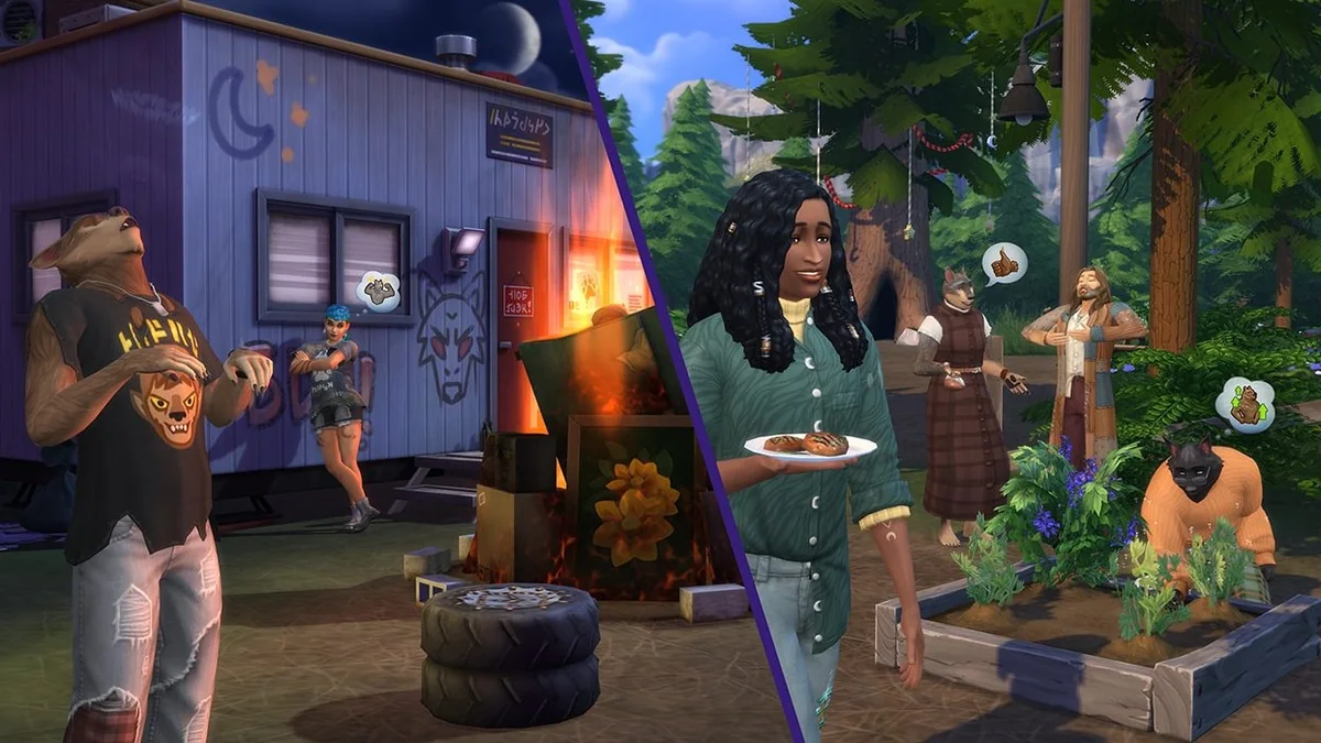 Official Electronic Arts Werewolves pack image showing a werewolf in Moonwood Mill alongside Sims interacting outdoors