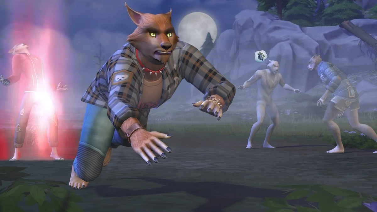 Official EA Werewolves pack gameplay image showing a werewolf transforming under the full moon while pack members gather nearby